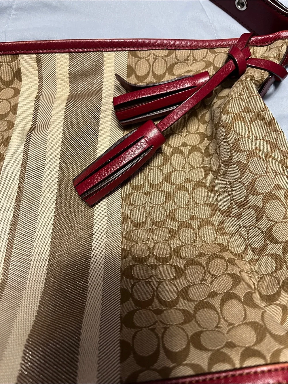 Coach Brown Signature Canvas Hobo with Red Leather Trim Large Legacy bag